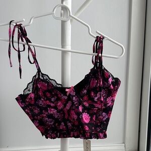 For Love & Lemons -Floral Black and Pink Lace Trim Crop Top Size M
